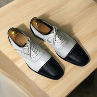 Handmade Cap Toe Brogue Black & White Goodyear Welted Lace Up Shoes For Men's - Thumbnail 2