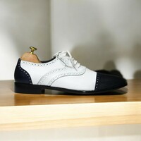 Handmade Cap Toe Brogue Black & White Goodyear Welted Lace Up Shoes For Men's - Thumbnail 3
