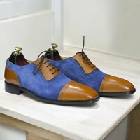 Handmade Cap Toe Lace-Up Shoes Two-Tone Leather Shoes for Men Bespoke - Thumbnail 1