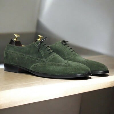Handmade Wing Tip Shoes, Suede Leather Green Shoes For Men's