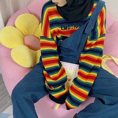 Emotional rainbow color block striped pullover knit sweater - Thumbnail 2