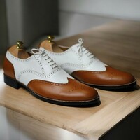Handmade Wing Tip Brogue Brown & White Goodyear Welted Lace Up Men's Shoes  - Thumbnail 1