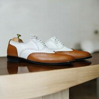 Handmade Wing Tip Brogue Brown & White Goodyear Welted Lace Up Men's Shoes  - Thumbnail 3