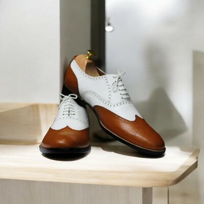 Handmade wing tip brogue brown & white goodyear welted lace up men's shoes 