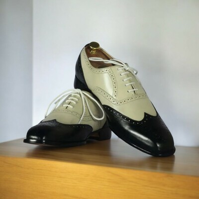 Handmade Men's Black & Off White Wing Tip Oxfords Brogues