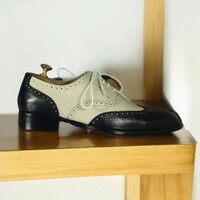 Handmade Men's Black & Off White Wing Tip Oxfords Brogues - Thumbnail 2