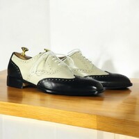 Handmade Men's Black & Off White Wing Tip Oxfords Brogues - Thumbnail 3