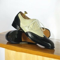 Handmade Men's Black & Off White Wing Tip Oxfords Brogues - Thumbnail 1
