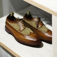 Handmade Wing Tip Brogue Oxford Two Tone Leather & Suede Brown Shoes For Men's - Thumbnail 1