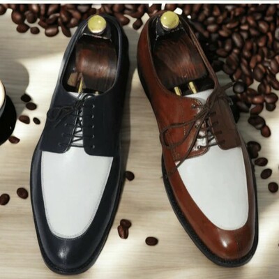 Handmade leather shoes, dress derby lace up black white leather men's shoes