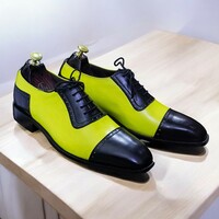 Handmade Yellow & Black Genuine Cow-Hide Leather Cap Toe Shoes For Men - Thumbnail 1