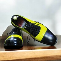 Handmade Yellow & Black Genuine Cow-Hide Leather Cap Toe Shoes For Men - Thumbnail 2