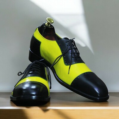 Handmade yellow & black genuine cow-hide leather cap toe shoes for men
