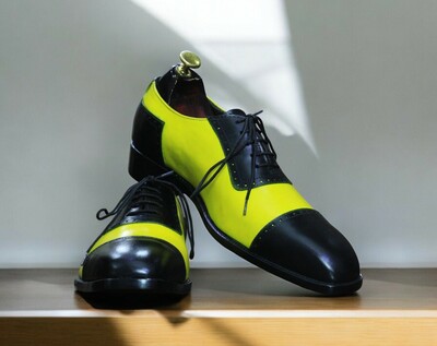 Handmade Yellow & Black Genuine Cow-Hide Leather Cap Toe Shoes For Men