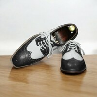 Men's Blue and White Leather Derby Lace-Up Designer Dress Shoes, - Thumbnail 3