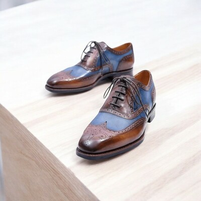 Men's blue brown wing tip lace up leather shoes,