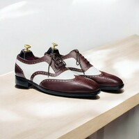Wing Tip Two Tone Oxfords - Brown & White Leather Shoes. - Thumbnail 1