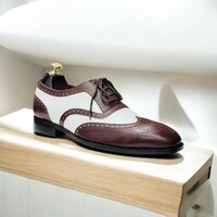 Wing Tip Two Tone Oxfords - Brown & White Leather Shoes. - Thumbnail 2