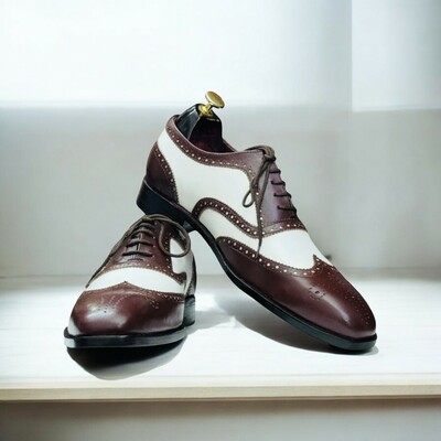 Wing Tip Two Tone Oxfords - Brown & White Leather Shoes.