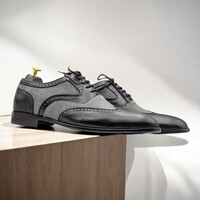Handmade Men's Grey & Black Wingtip Oxford Leather Shoes. - Thumbnail 1