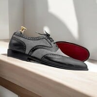 Handmade Men's Grey & Black Wingtip Oxford Leather Shoes. - Thumbnail 2