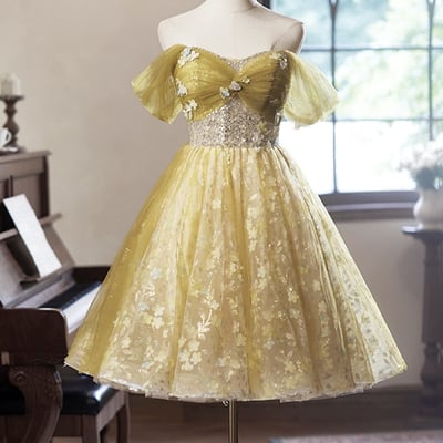 Yellow tulle floral knee length prom dress, off the shoulder party dress - Thumbnail 2