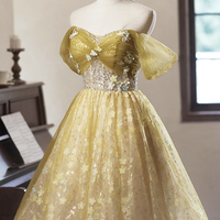 Yellow Tulle Floral Knee Length Prom Dress, Off the Shoulder Party Dress - Thumbnail 1