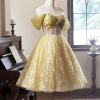 Yellow Tulle Floral Knee Length Prom Dress, Off the Shoulder Party Dress - Thumbnail 3