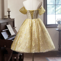 Yellow Tulle Floral Knee Length Prom Dress, Off the Shoulder Party Dress - Thumbnail 4