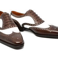White Brown Leather Wingtip Dress Shoes Handmade Special Edition - Thumbnail 1