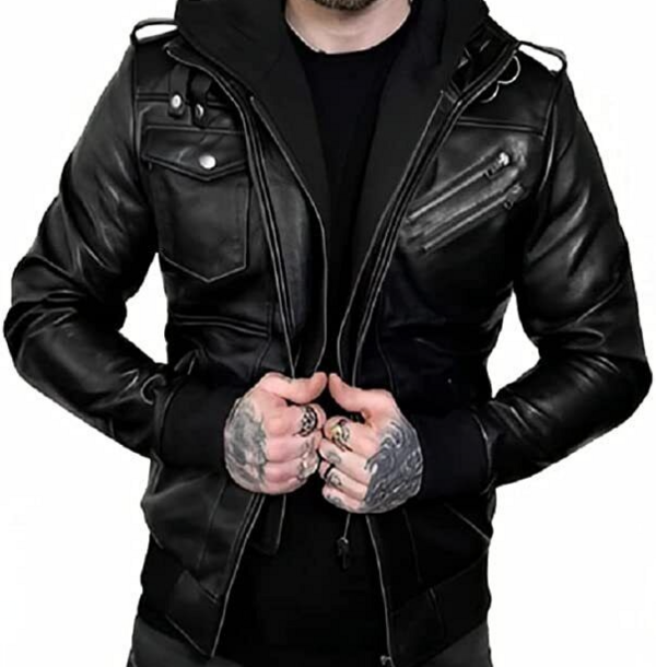 Men Genuine Black Hooded Bomber Leather Motorcycle Jacket Real Lambskin with Removable Hood