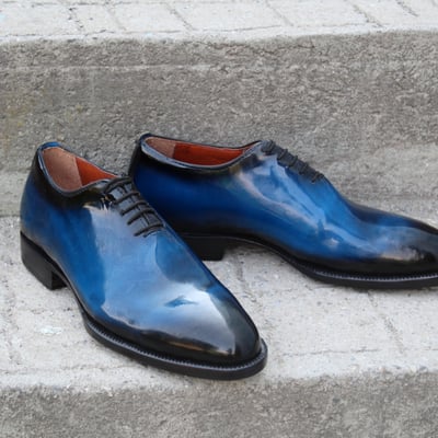 Crafted leather handmade blue patina leather men oxford dress shoes - Thumbnail 5