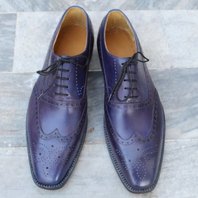 Crafted leather classic mens blue purple leather wingtip oxford dress shoes - Thumbnail 4