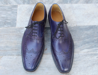 Crafted Leather Classic Mens Blue Purple Leather Wingtip Oxford Dress Shoes