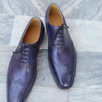 Crafted Leather Classic Mens Blue Purple Leather Wingtip Oxford Dress Shoes - Thumbnail 1