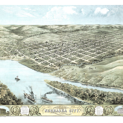 Nebraska city, nebraska in 1868 - bird's eye view map, aerial, panorama, vintage map, antique map, giclée, fine art, wall art, history