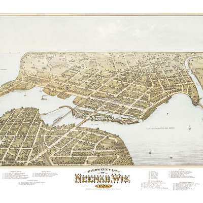 Neenah, wisconsin in 1879- bird's eye view map, aerial, panorama, vintage, antique, reproduction, giclée, fine art, wall art, history