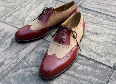 Crafted Leather Classic Brown Suede Red Leather Wingtip Oxford Lace up Dress Shoes