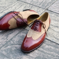 Crafted Leather Classic Brown Suede Red Leather Wingtip Oxford Lace up Dress Shoes - Thumbnail 1