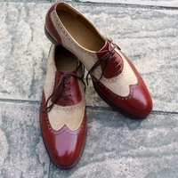 Crafted Leather Classic Brown Suede Red Leather Wingtip Oxford Lace up Dress Shoes - Thumbnail 3