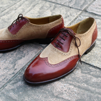 Crafted Leather Classic Brown Suede Red Leather Wingtip Oxford Lace up Dress Shoes - Thumbnail 2