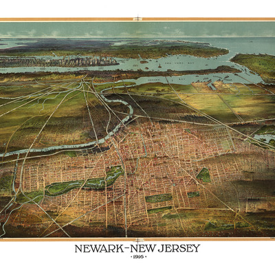 Newark, new jersey in 1916 - bird's eye view map, aerial, panorama, vintage, antique, reproduction, giclée, framable, fine art, wall art