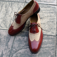 Crafted Leather Classic Brown Suede Red Leather Wingtip Oxford Lace up Dress Shoes - Thumbnail 4