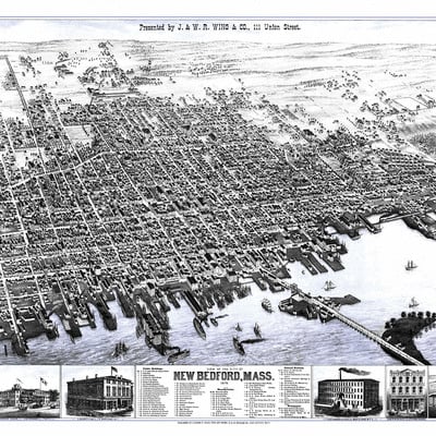 New bedford, ma in 1876 - bird's eye view map, aerial map, panorama, vintage map, antique map, reproduction, giclée, framable map, fine art