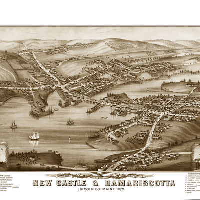 Newcastle & damariscotta, maine in 1878 - bird's eye view map, aerial, panorama, vintage, antique, reproduction, giclée, framable, fine art