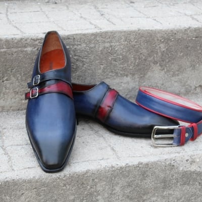 Crafted leather classic blue leather monk strap dress shoes with matching belt - Thumbnail 4