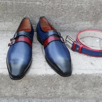 Crafted Leather Classic Blue Leather Monk Strap Dress Shoes with Matching Belt - Thumbnail 1