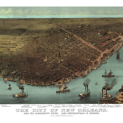 New orleans, la in 1885, and the mississippi river, with lake pontchartrain in the background - bird's eye view, vintage, antique, wall art