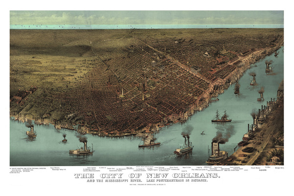 New Orleans, LA in 1885, and the Mississippi River, with Lake Pontchartrain in the background - Bird's Eye View, Vintage, Antique, Wall art