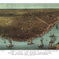New Orleans, LA in 1885, and the Mississippi River, with Lake Pontchartrain in the background - Bird's Eye View, Vintage, Antique, Wall art